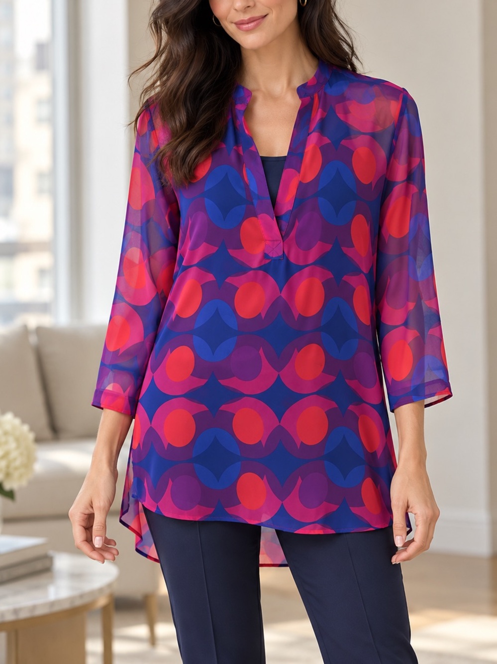 Isaac Mizrahi New York Sheer Geometric Popover Tunic Blouse Blue 3/4 Sleeve M